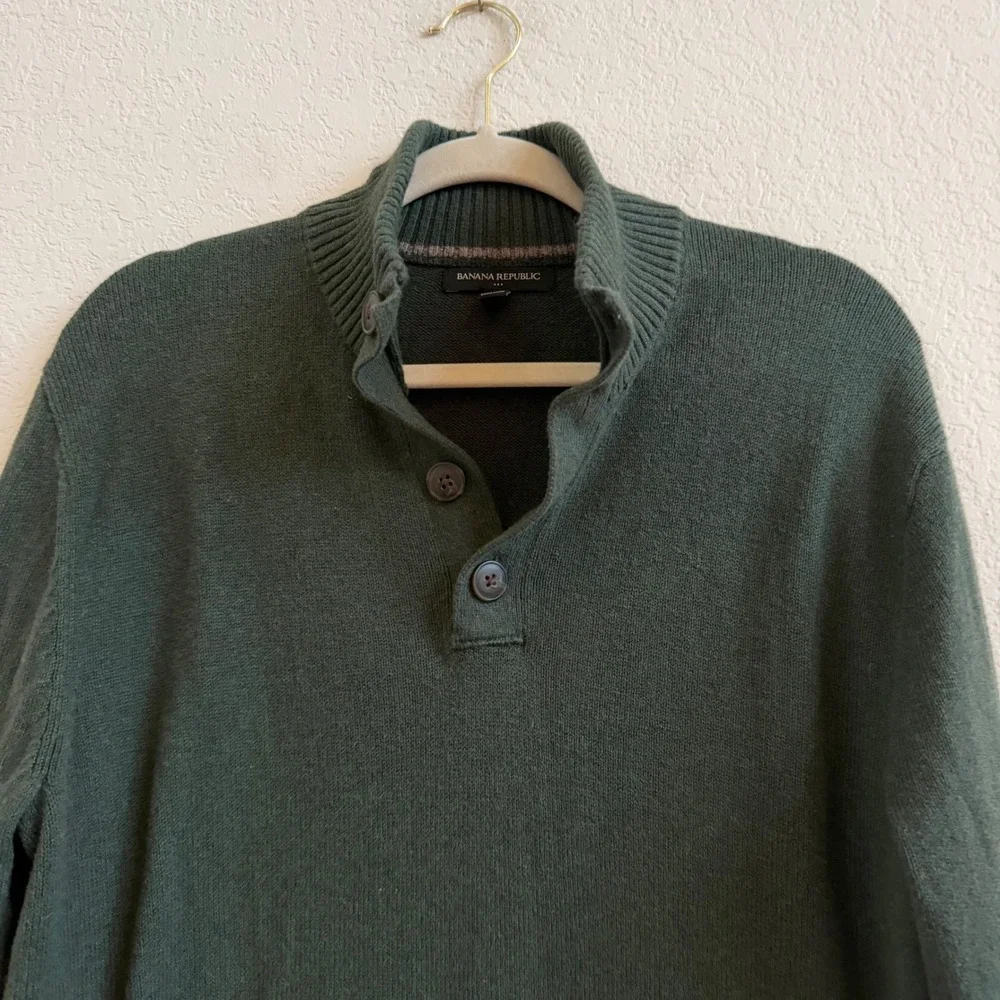 Banana Republic Mens Forest Green Cotton Wool Blend Mock Neck Button‎ Sweater L